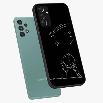 Line Art Girl With Shooting Stars Glass Case displayed in angled mockup highlighting elegant line art design with dreamy star aesthetic.