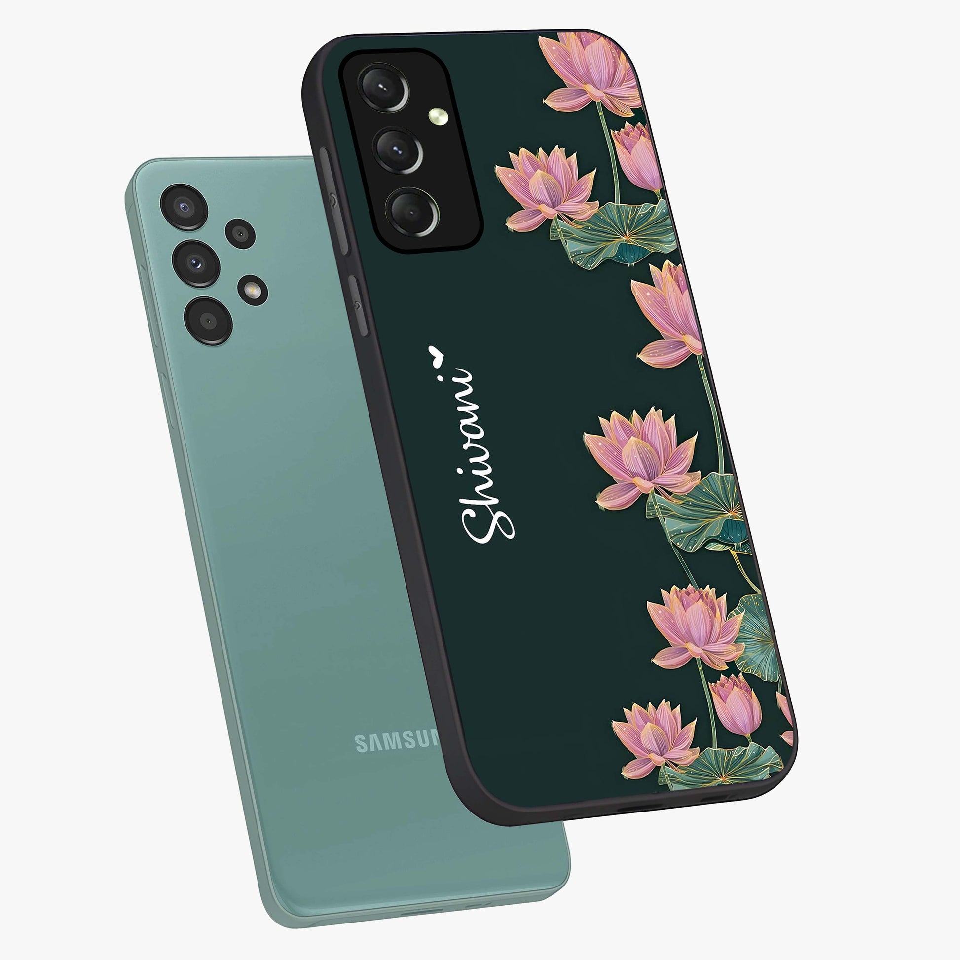 Lotus Bloom Serenity Custom Name Glass Case displayed in angled mockup highlighting graceful lotus illustration with custom name feature.