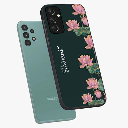 Lotus Bloom Serenity Custom Name Glass Case displayed in angled mockup highlighting graceful lotus illustration with custom name feature.