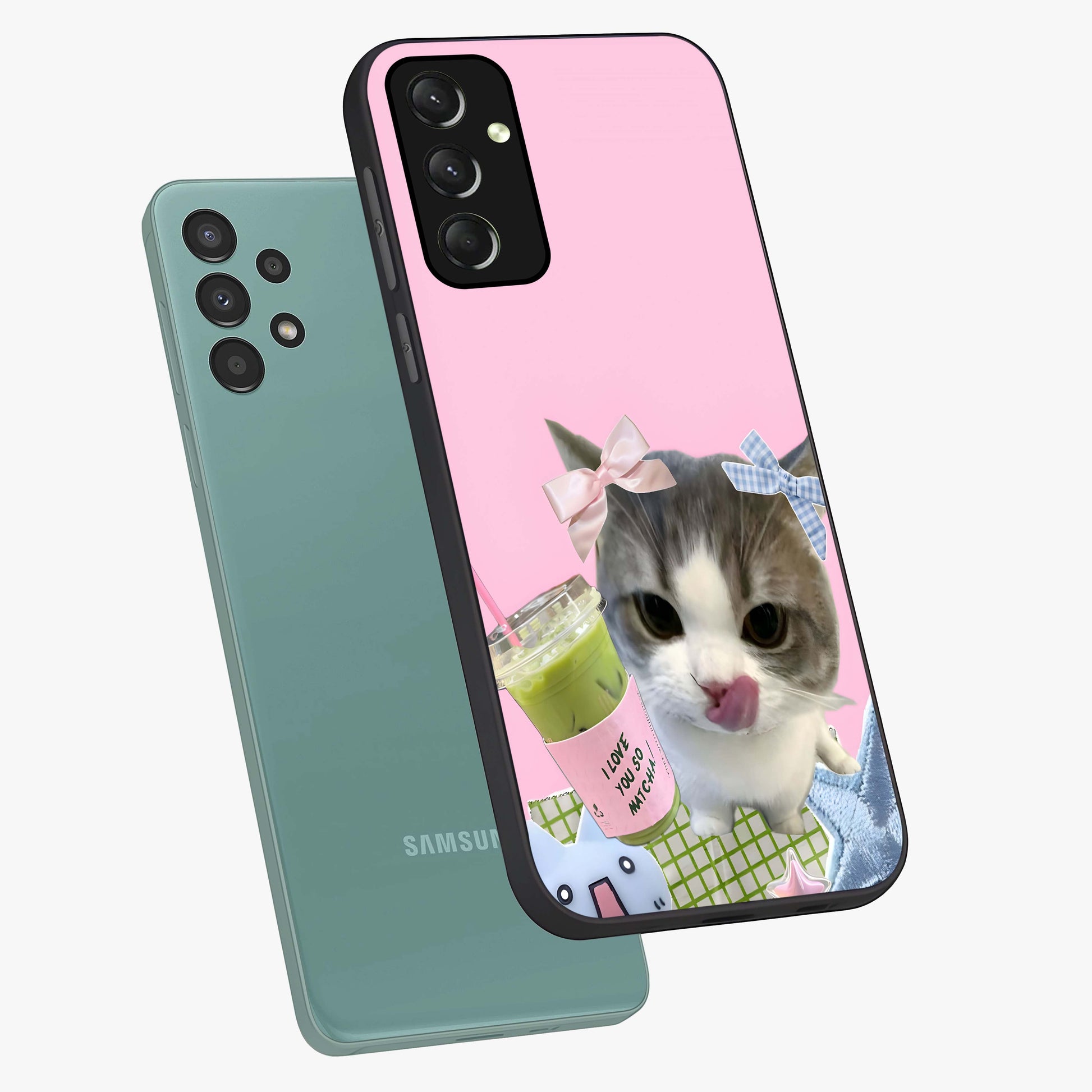 Love Matcha Cat Glass Case displayed in angled mockup highlighting playful feline illustration with cozy matcha aesthetic.