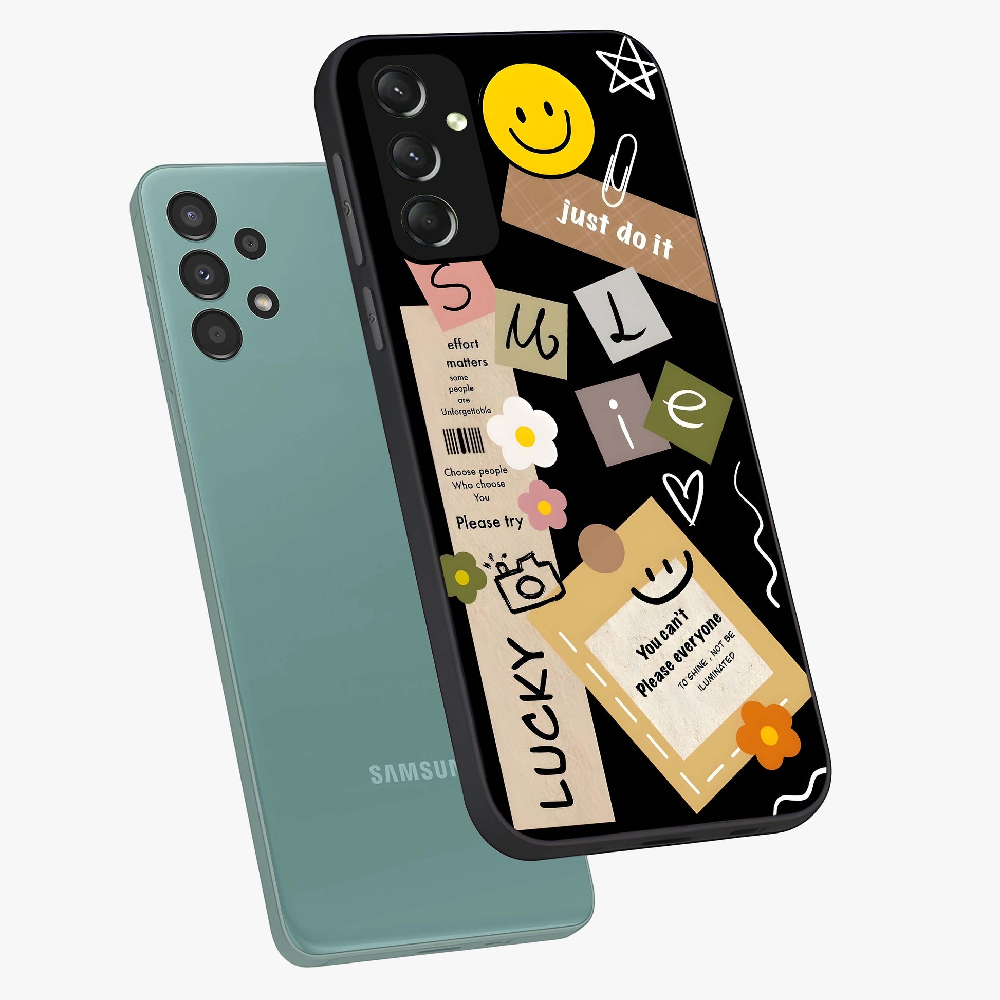 Lucky Aesthetic Collage Glass Case displayed in angled mockup highlighting stylish collage pattern with modern aesthetic vibe.
