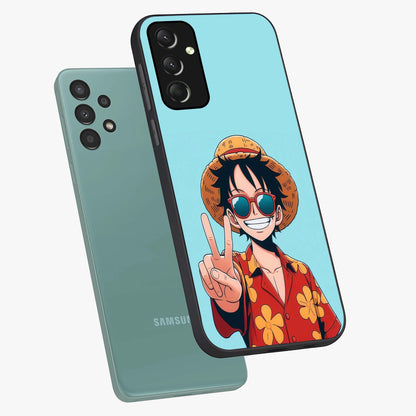 Luffy Summer Anime Vibe Glass Case displayed in angled mockup highlighting energetic anime illustration with summer vibe aesthetic.