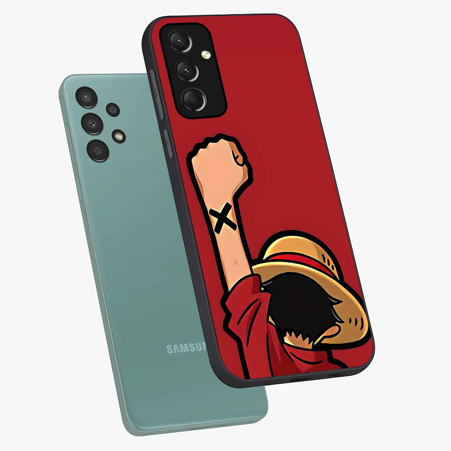 Luffy X Spirit Glass Case displayed in angled mockup highlighting powerful anime design with energetic action aesthetic.