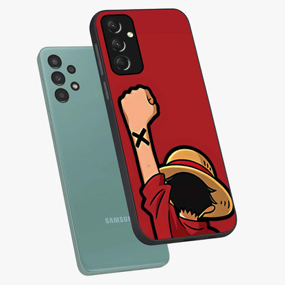 Luffy X Spirit Glass Case displayed in angled mockup highlighting powerful anime design with energetic action aesthetic.