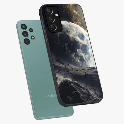 Lunar Horizon Glow Glass Case displayed in angled mockup highlighting celestial moon design with dreamy night aesthetic.