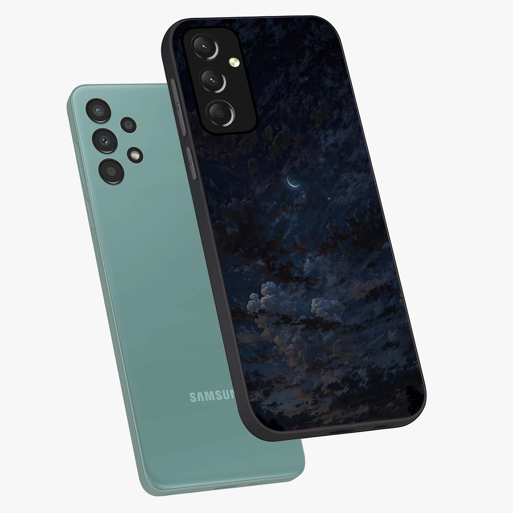 Lunar Veil Silence Glass Case displayed in angled mockup highlighting soft lunar design with peaceful celestial aesthetic.