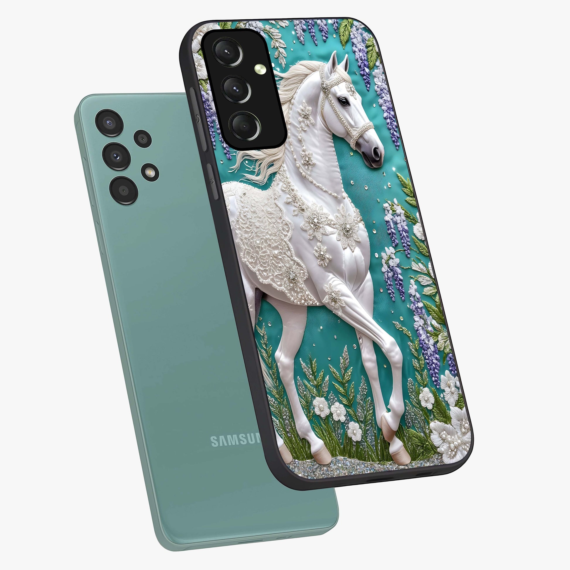 Majestic Floral Stallion Glass Case displayed in angled mockup highlighting majestic stallion illustration with elegant floral aesthetic.