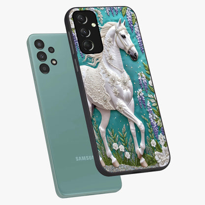 Majestic Floral Stallion Glass Case displayed in angled mockup highlighting majestic stallion illustration with elegant floral aesthetic.