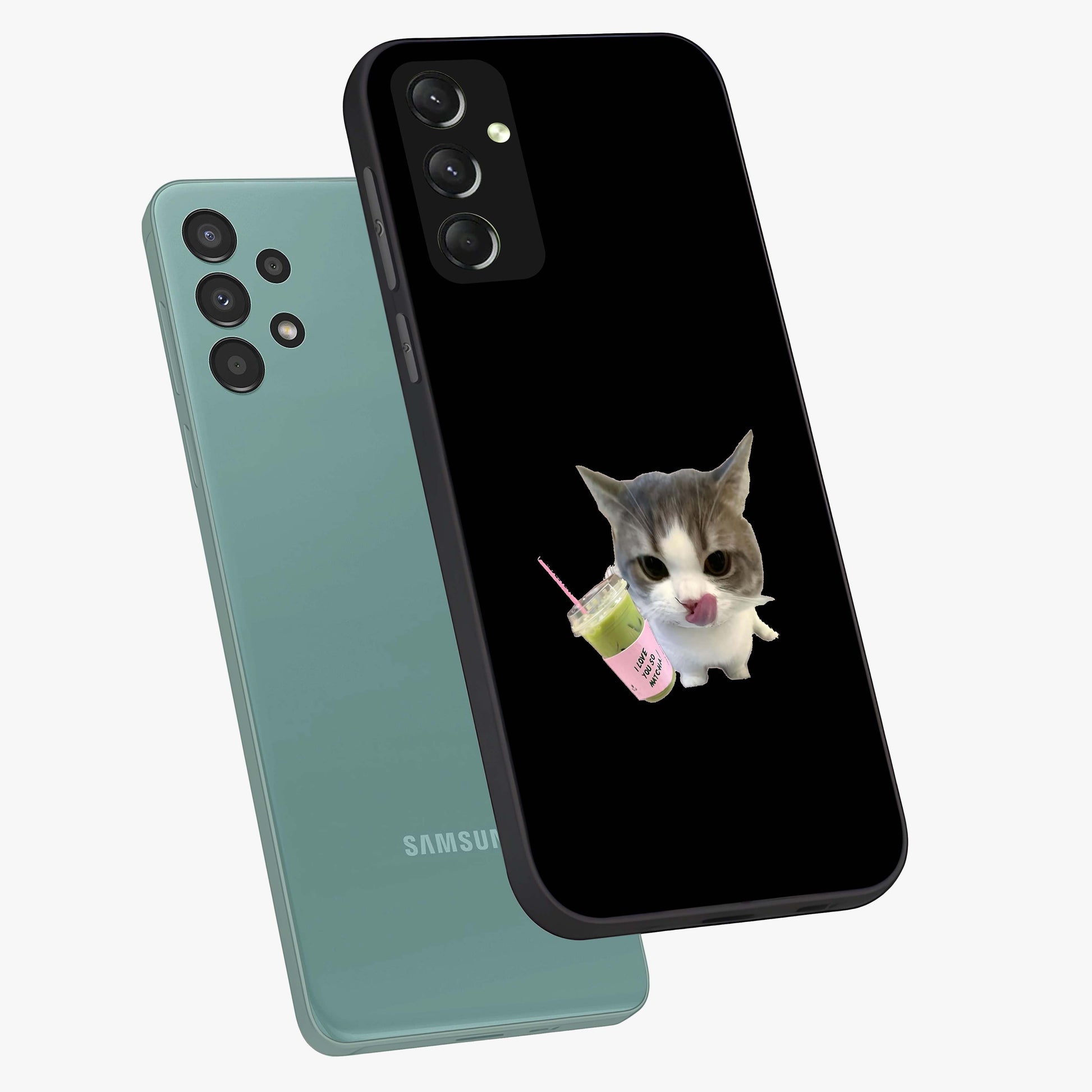 Matcha Cat Style Glass Case displayed in angled mockup highlighting playful feline design with pastel matcha aesthetic.