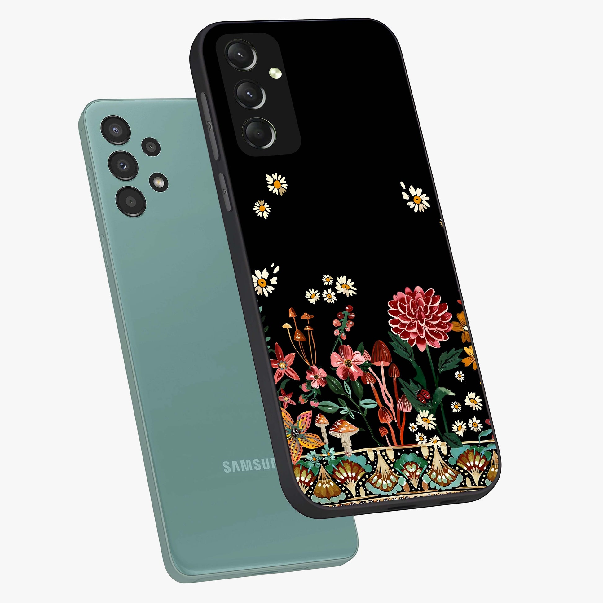 Midnight Bloom Pattern Glass Case displayed in angled mockup highlighting elegant flower design with midnight aesthetic style.