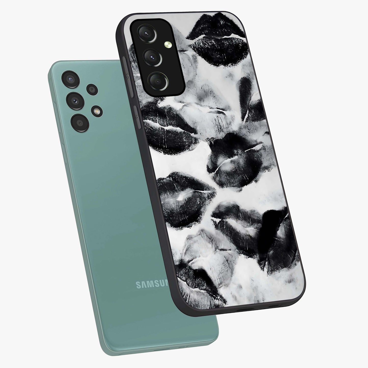 Midnight Kiss Marks Glass Case displayed in angled mockup highlighting playful romantic design with bold midnight aesthetic.