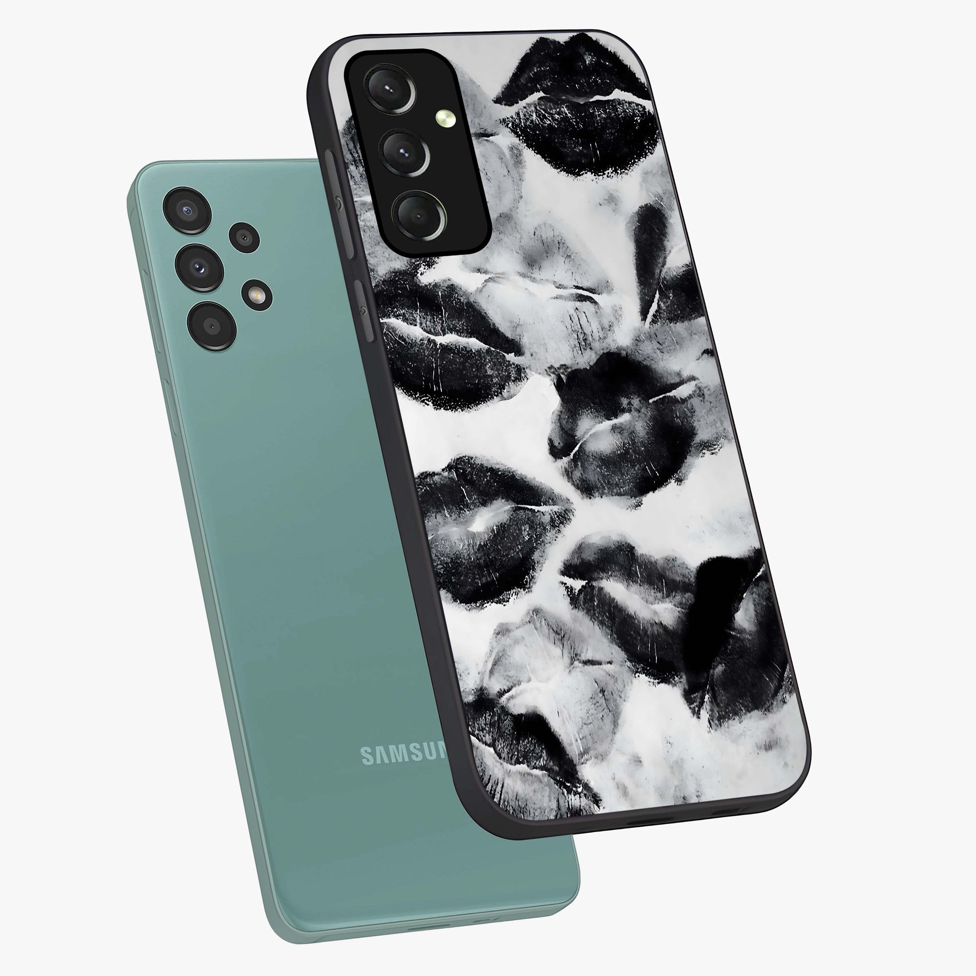 Midnight Kiss Marks Glass Case displayed in angled mockup highlighting playful romantic design with bold midnight aesthetic.