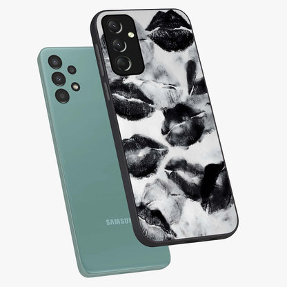 Midnight Kiss Marks Glass Case displayed in angled mockup highlighting playful romantic design with bold midnight aesthetic.
