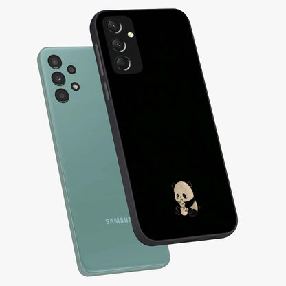 Midnight Panda Love Glass Case displayed in angled mockup highlighting adorable panda illustration with midnight aesthetic.