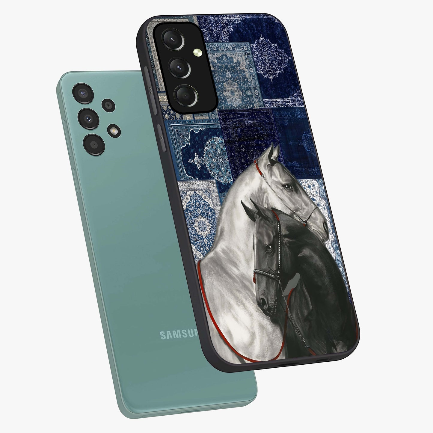 Midnight Stallion Blues Glass Case displayed in angled mockup highlighting powerful stallion illustration with deep midnight tones.