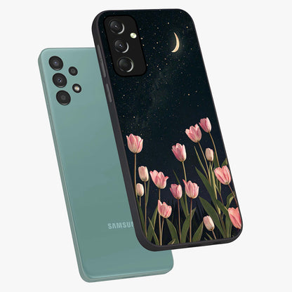 Midnight Tulip Whispers Vibe Glass Case displayed in angled mockup highlighting delicate tulip design with midnight floral aesthetic.