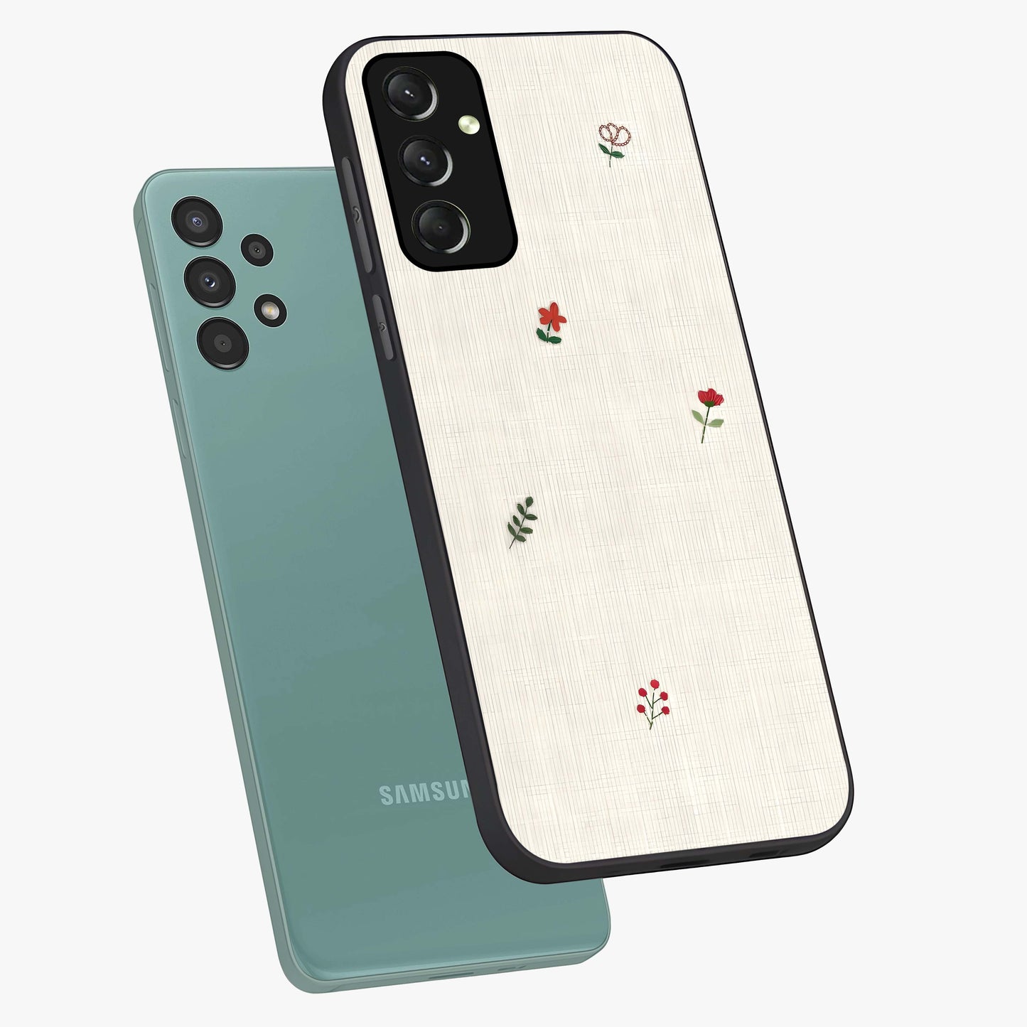 Minimalistic Blue With White Flower Pattern Glass Case displayed in angled mockup highlighting simple floral design with minimal aesthetic.