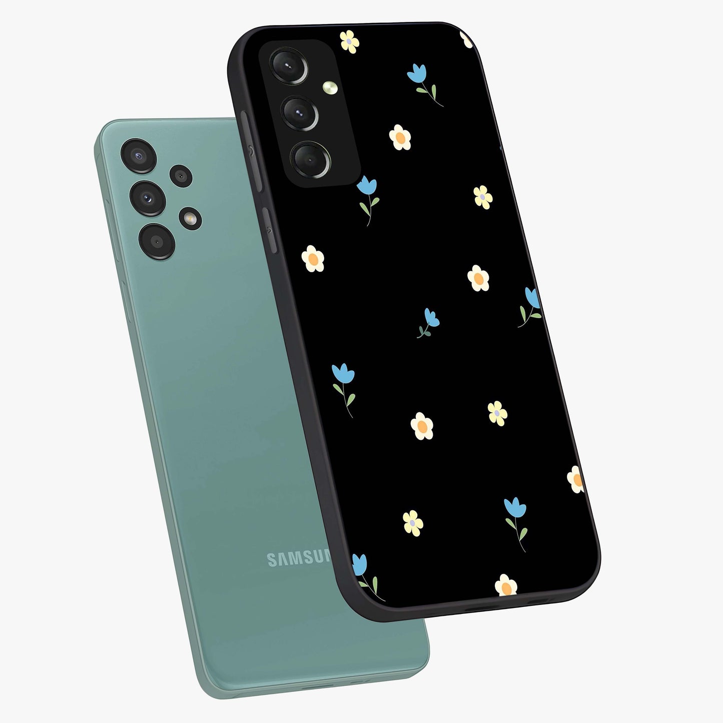 Minimal Petal Whispers Glass Case displayed in angled mockup highlighting delicate petal design with clean minimal aesthetic.