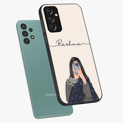 Mirror Mood Muse With Custom Name Glass Case displayed in angled mockup highlighting aesthetic mirror inspired design with custom name feature.