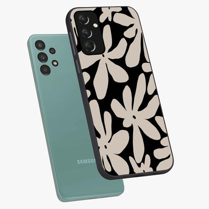 Monochrome Petal Dance Glass Case displayed in angled mockup highlighting elegant petal design with black and white aesthetic.