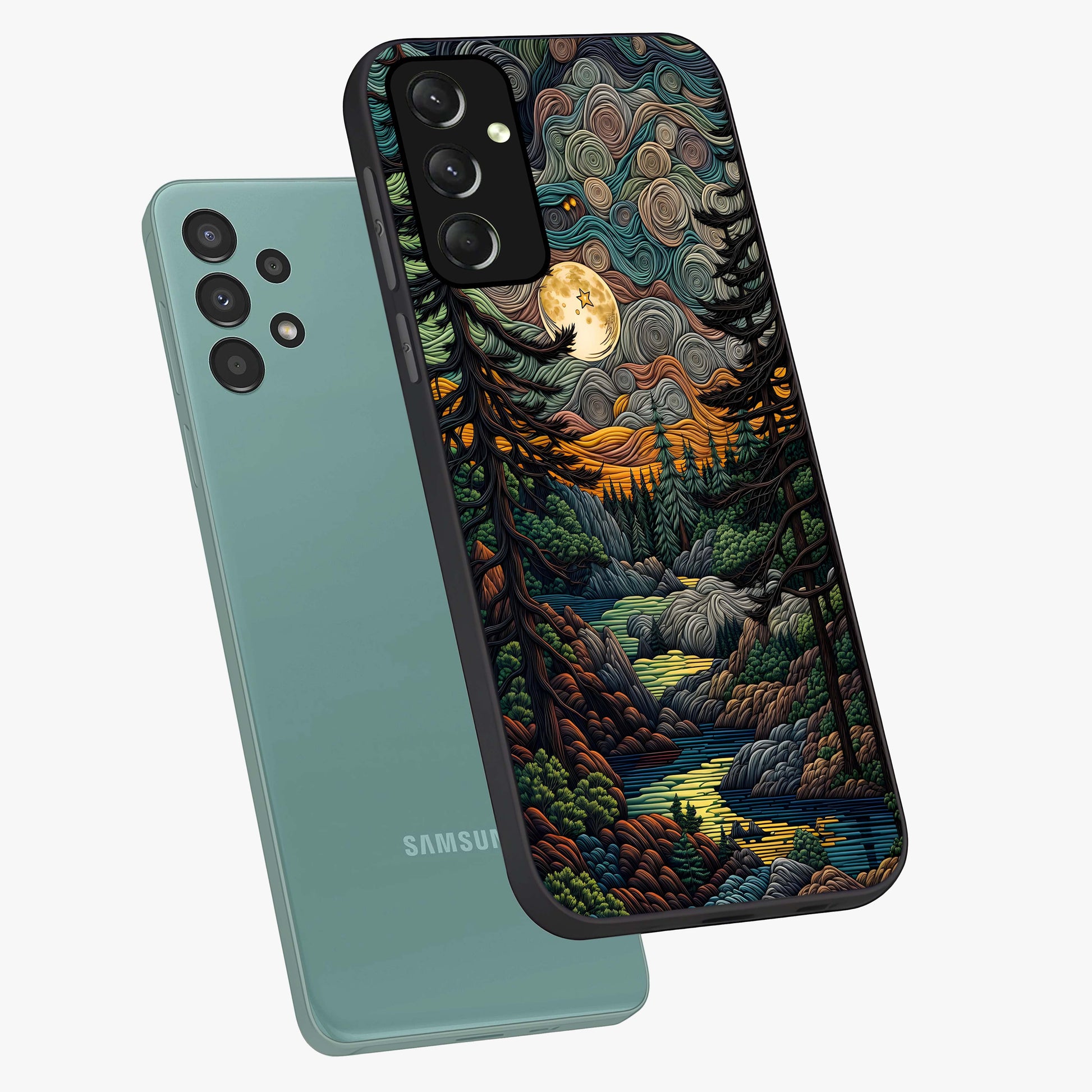 Moonlight Forest Dream Glass Case displayed in angled mockup highlighting dreamy forest design with glowing moon aesthetic.