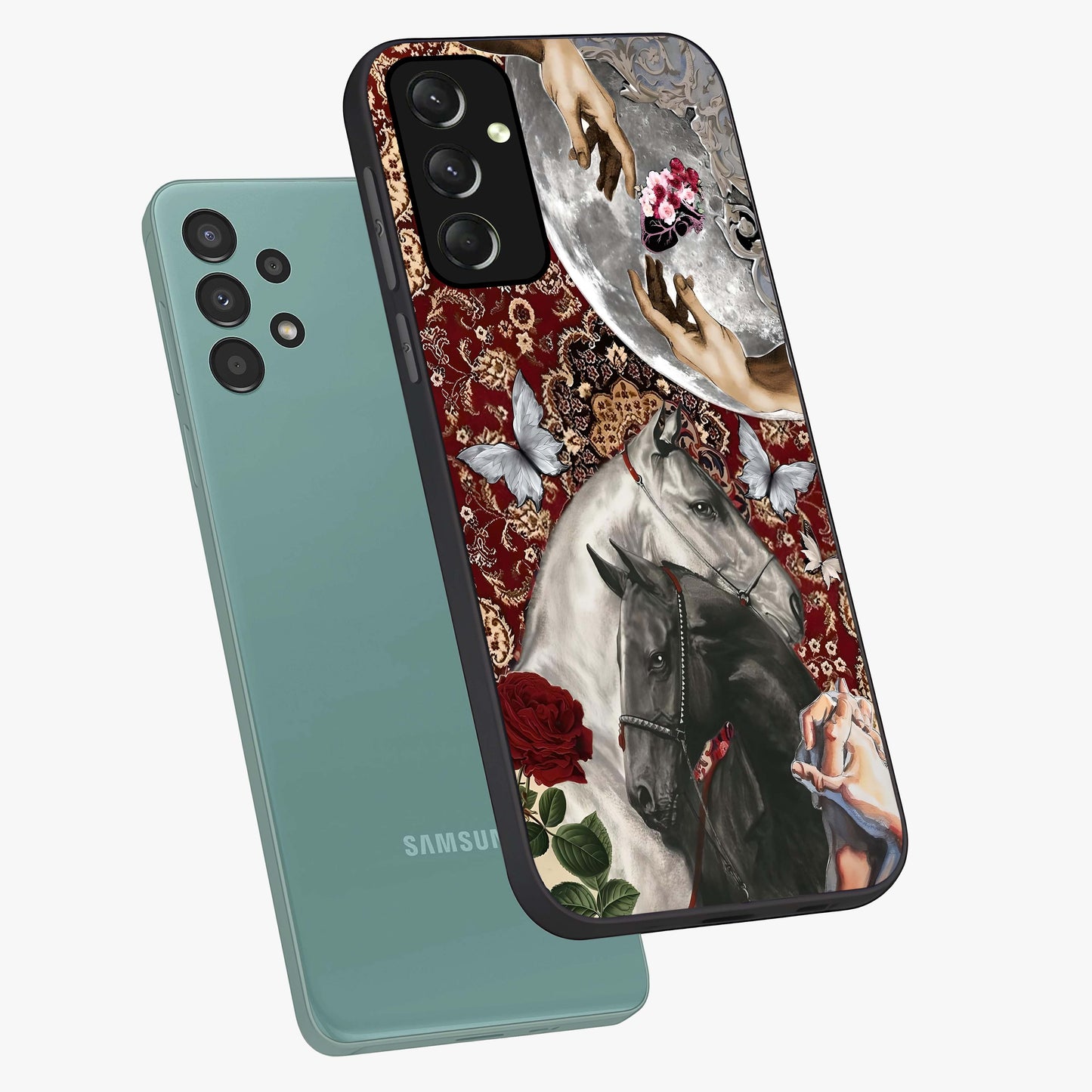 Moonlit Royal Stallion Glass Case displayed in angled mockup highlighting powerful stallion illustration with royal night aesthetic.