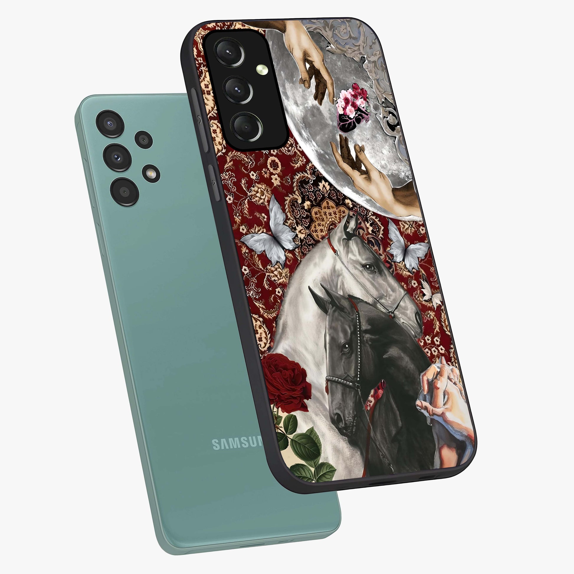Moonlit Royal Stallion Glass Case displayed in angled mockup highlighting powerful stallion illustration with royal night aesthetic.