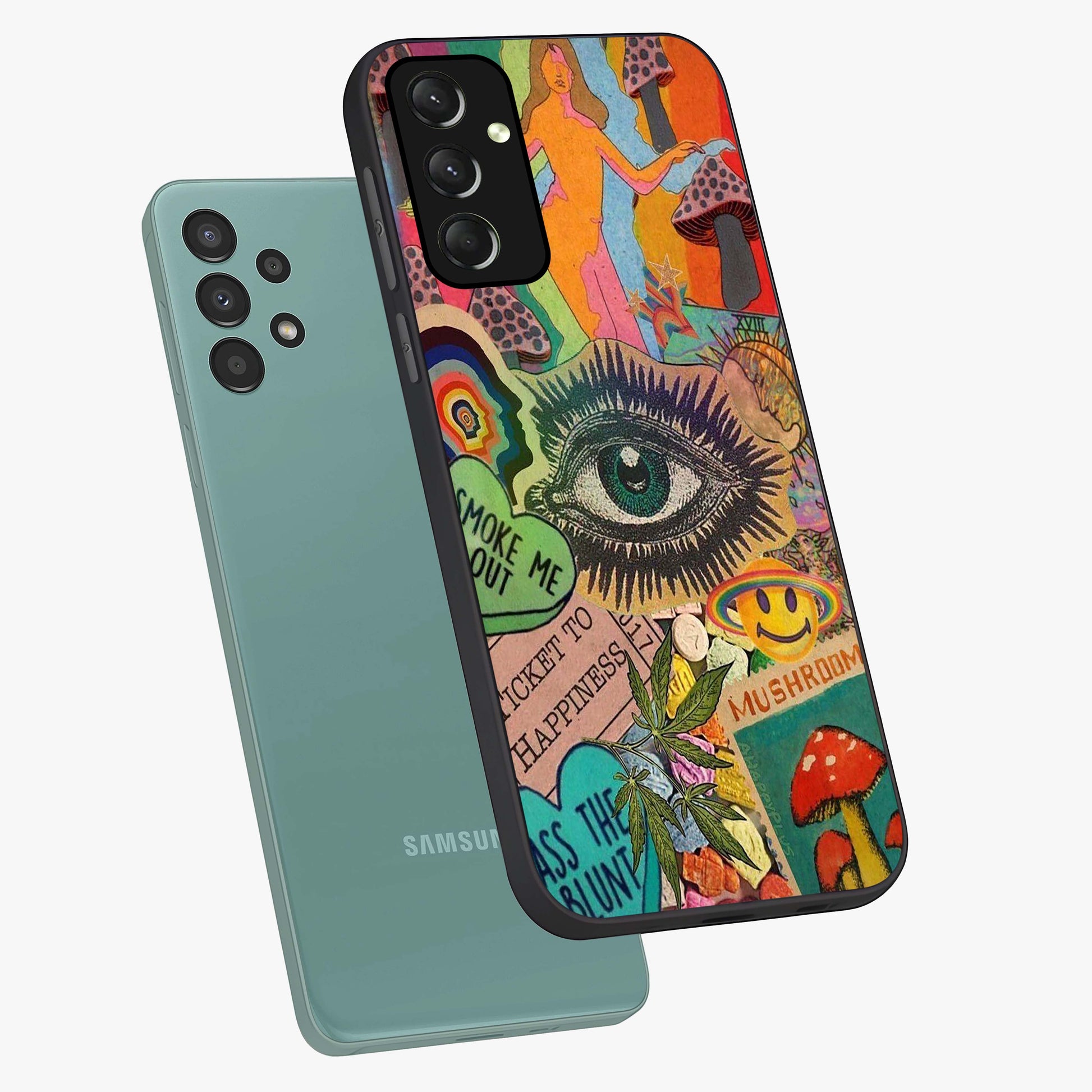 Mystic Eye Wonderland Glass Case displayed in angled mockup highlighting magical eye illustration with dreamy aesthetic.