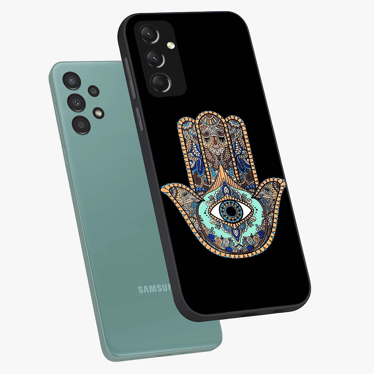 Mystic Hamsa Eye Glass Case displayed in angled mockup highlighting spiritual hamsa symbol with mystical aesthetic style.