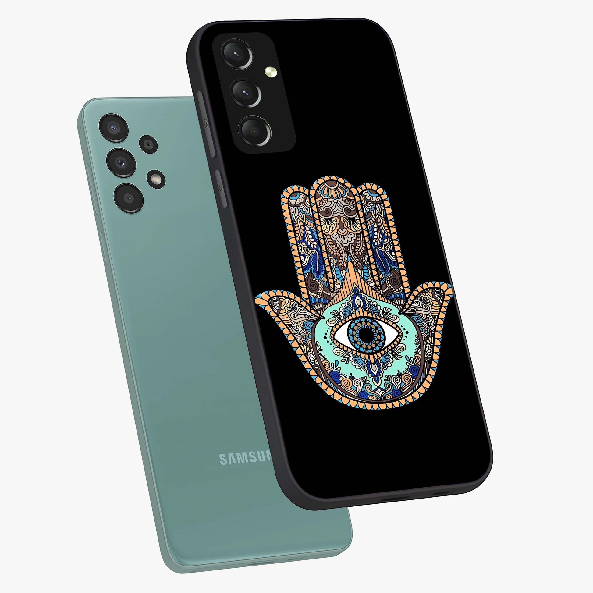 Mystic Hamsa Eye Glass Case displayed in angled mockup highlighting spiritual hamsa symbol with mystical aesthetic style.