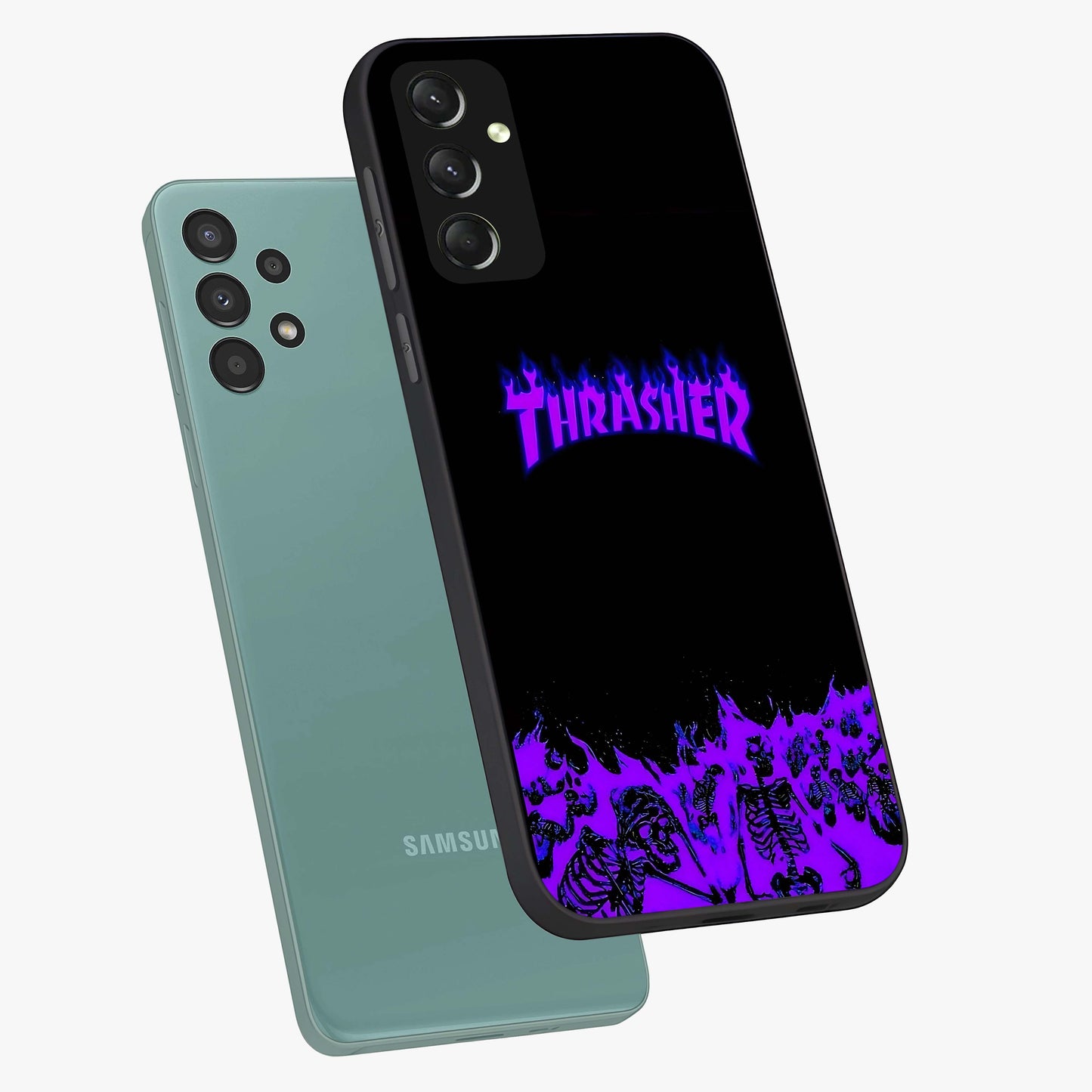 Neon Flame Riot Glass Case displayed in angled mockup highlighting glowing flame design with vibrant neon aesthetic.