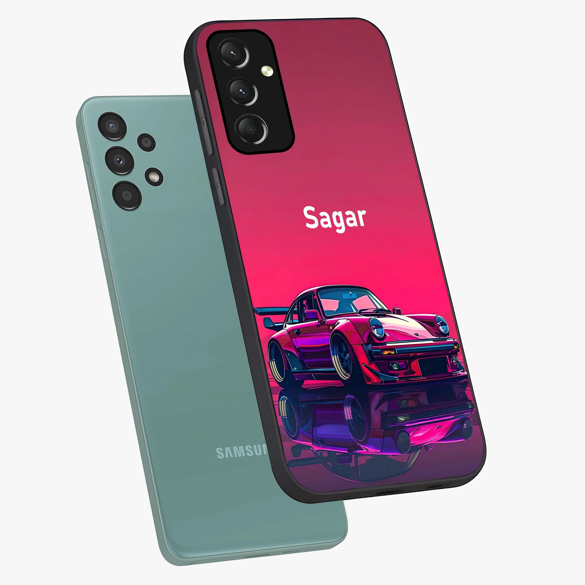 Neon Pink Porsche Glass Case displayed in angled mockup highlighting sleek neon pink car design with racing aesthetic.