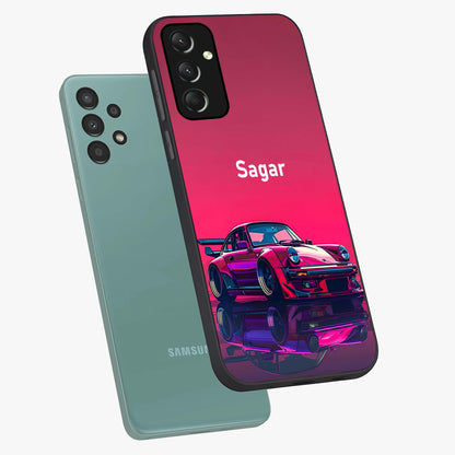Neon Pink Porsche Glass Case displayed in angled mockup highlighting sleek neon pink car design with racing aesthetic.