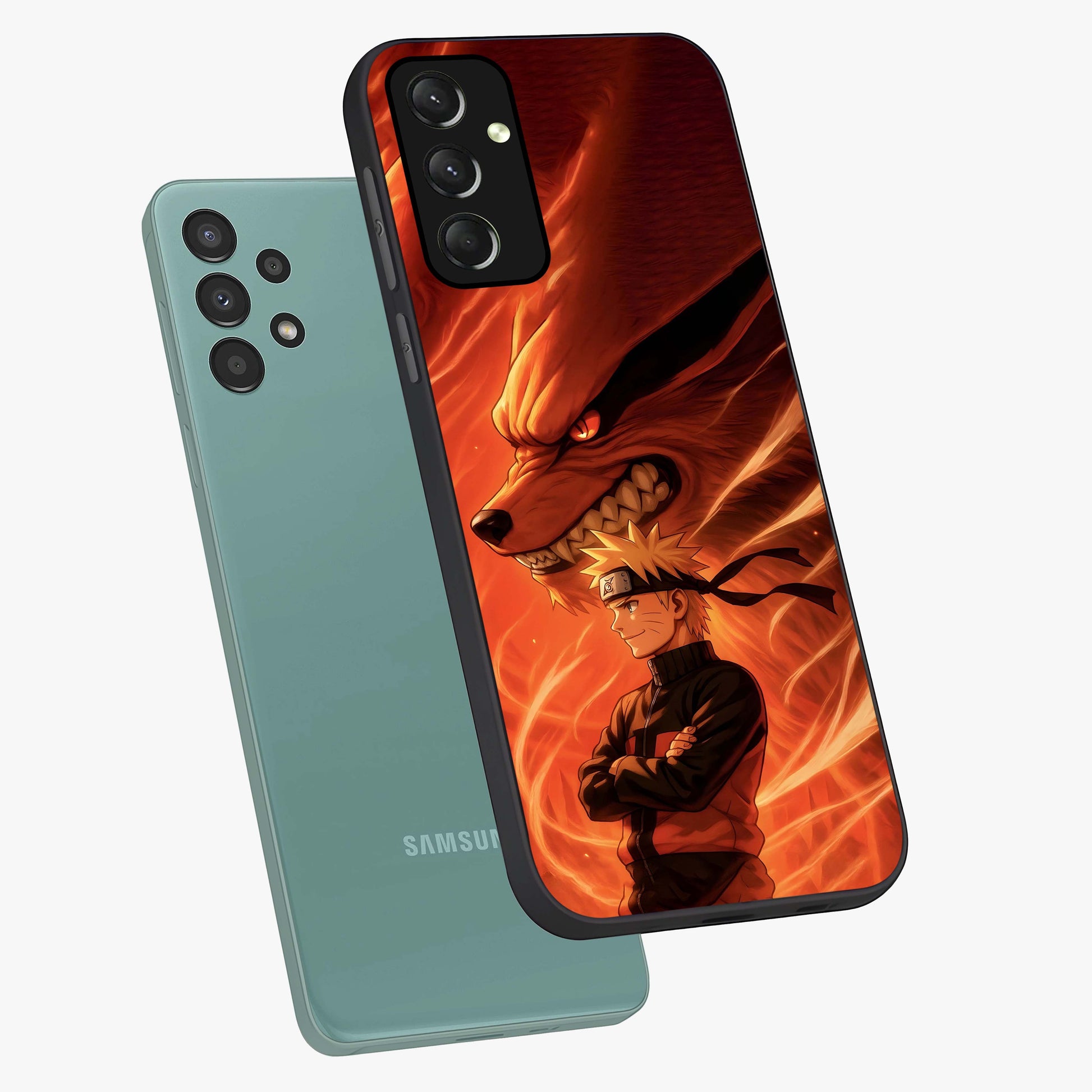 Nine Tails Legacy Glass Case displayed in angled mockup highlighting dynamic anime beast illustration with bold mystical aesthetic.