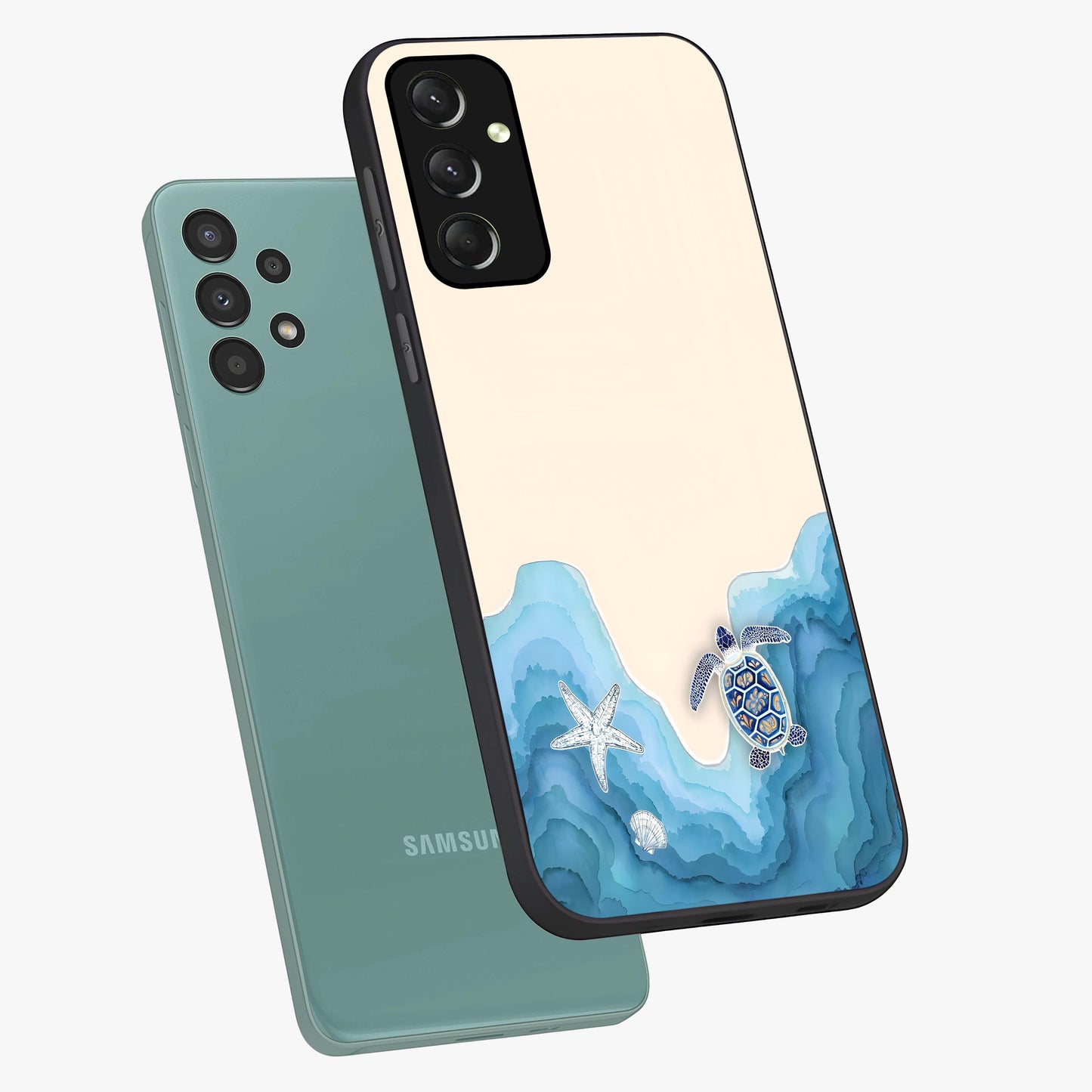 Ocean Drift Turtle Glass Case displayed in angled mockup highlighting peaceful ocean turtle illustration with marine aesthetic.