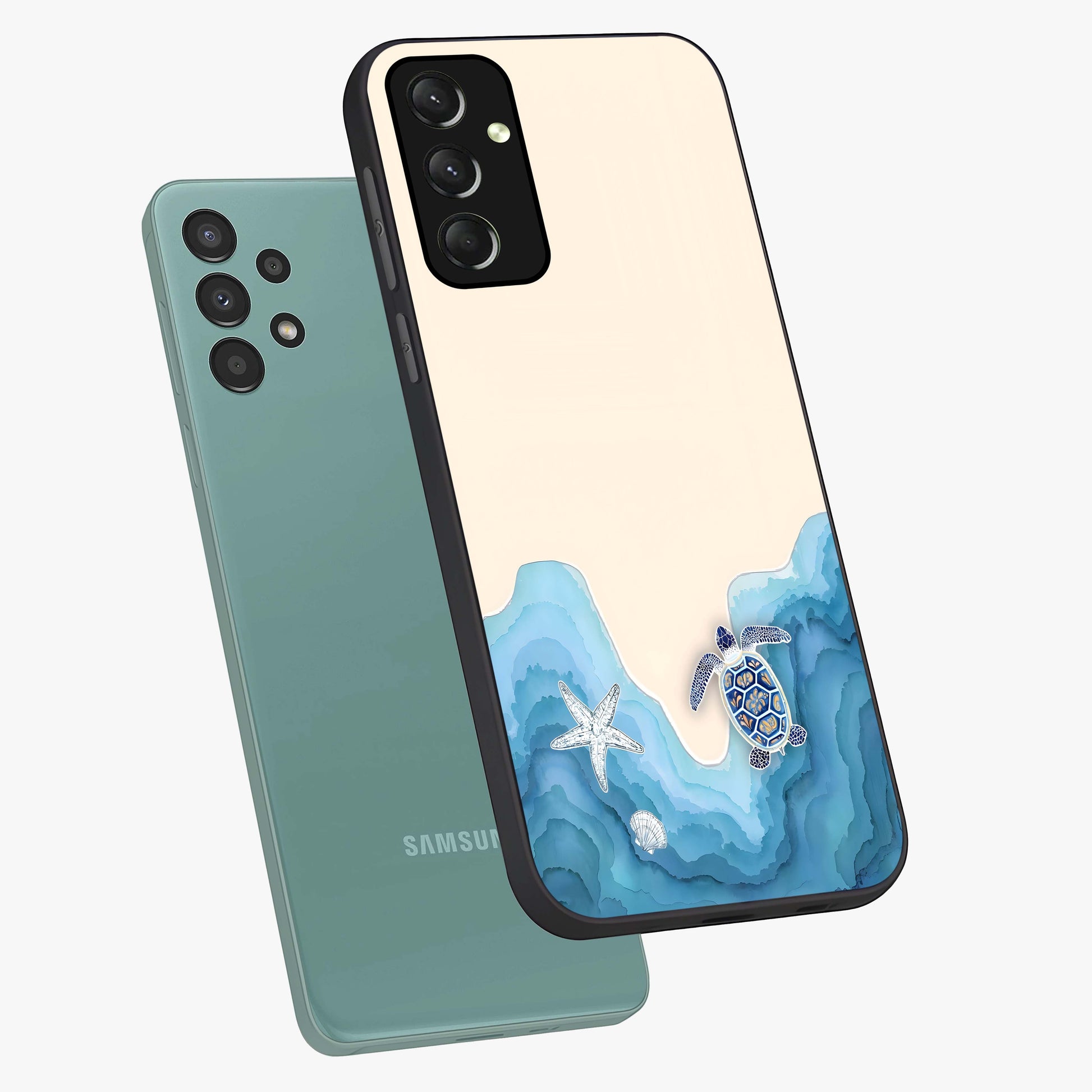 Ocean Drift Turtle Glass Case displayed in angled mockup highlighting peaceful ocean turtle illustration with marine aesthetic.