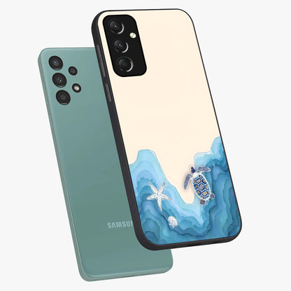 Ocean Drift Turtle Glass Case displayed in angled mockup highlighting peaceful ocean turtle illustration with marine aesthetic.