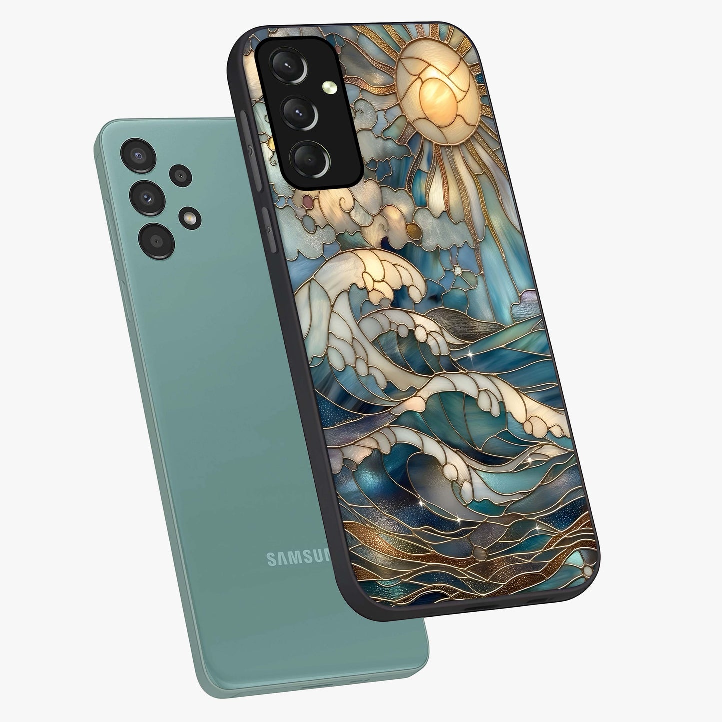 Oceanic Stained Printed Glass Case displayed in angled mockup highlighting colorful aquatic design with artistic aesthetic style.
