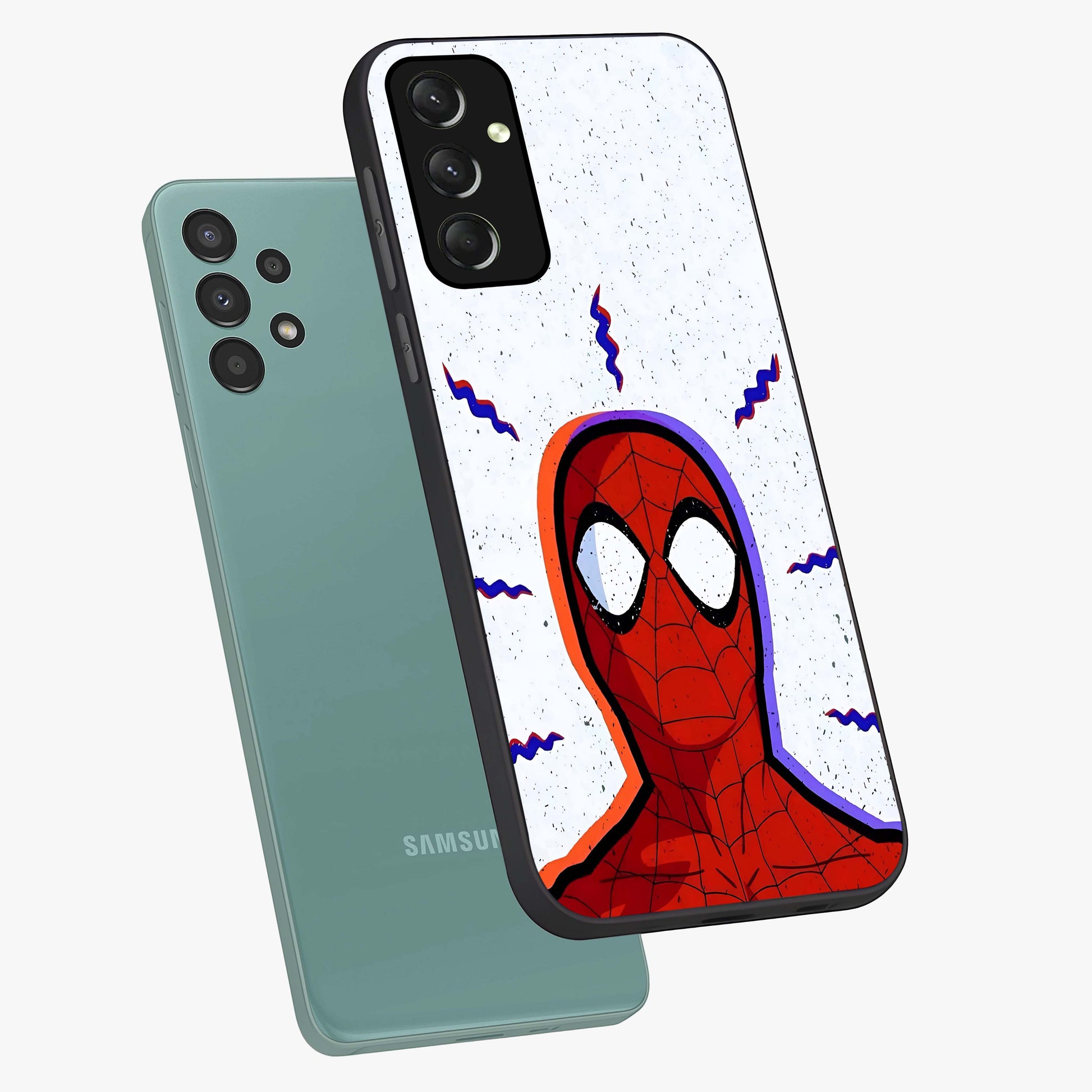 Omg Spiderman Glass Case displayed in angled mockup highlighting dynamic hero illustration with action comic aesthetic.