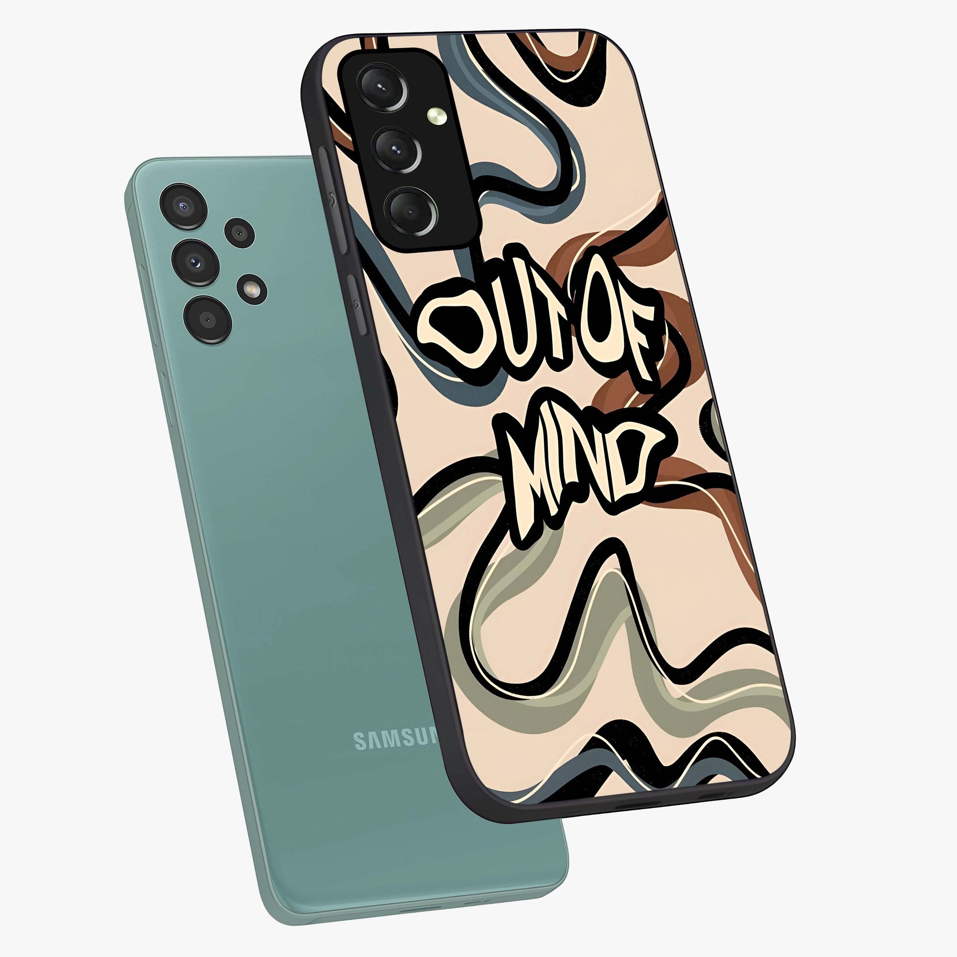 Out Of Mind Glass Case displayed in angled mockup highlighting bold statement design with modern artistic aesthetic.
