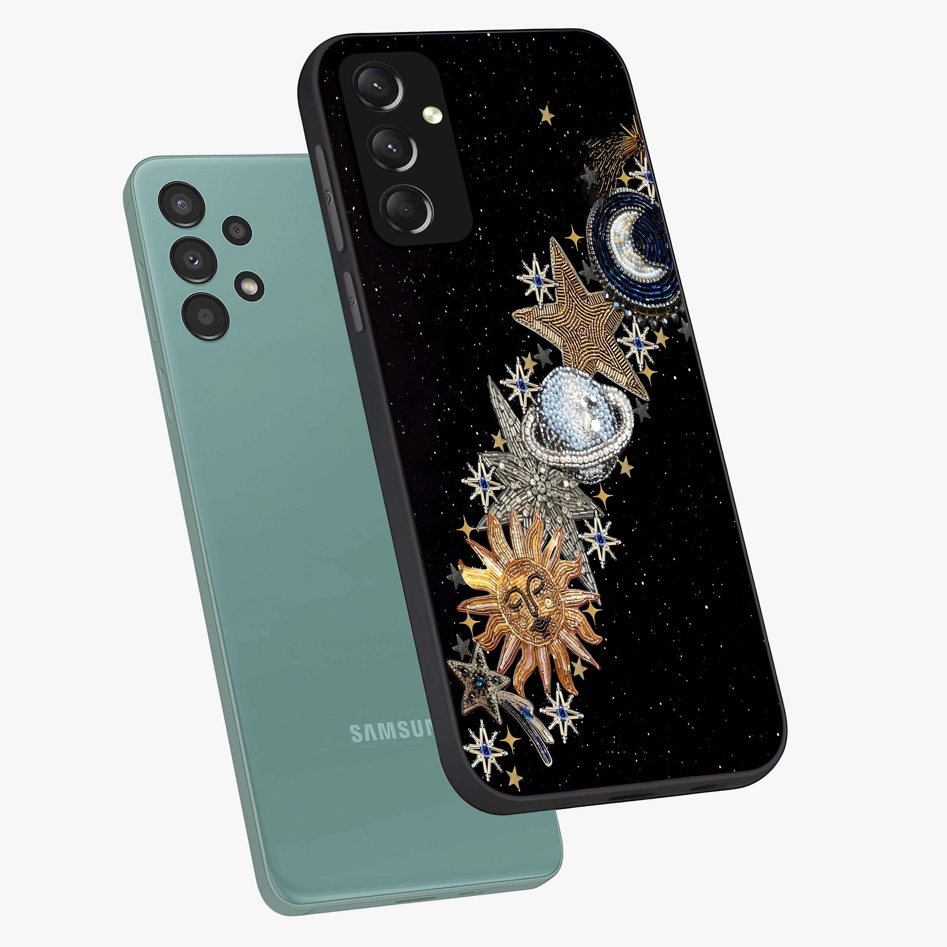 Pearls Universe Object Glass Case displayed in angled mockup highlighting celestial pearl design with dreamy aesthetic.
