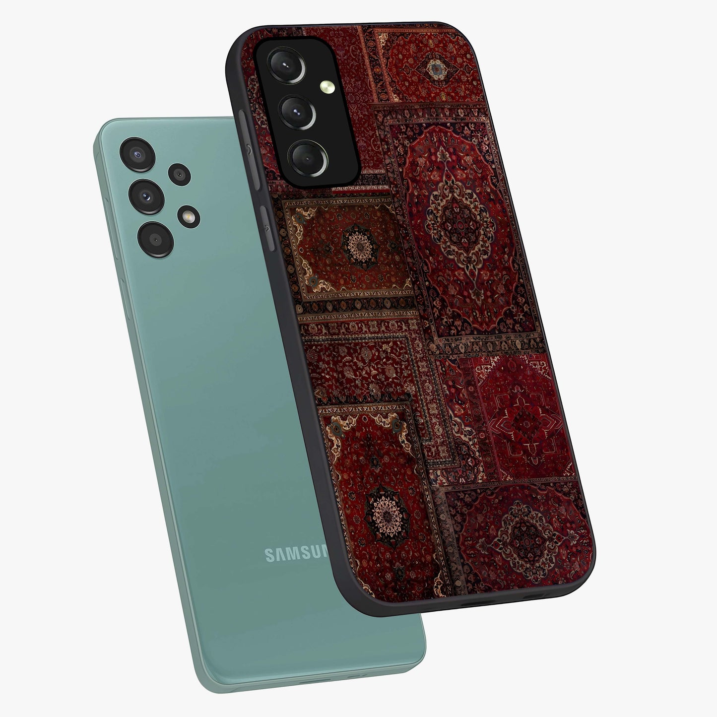 Persian Velvet Tale Glass Case displayed in angled mockup highlighting ornate textile inspired design with royal aesthetic.