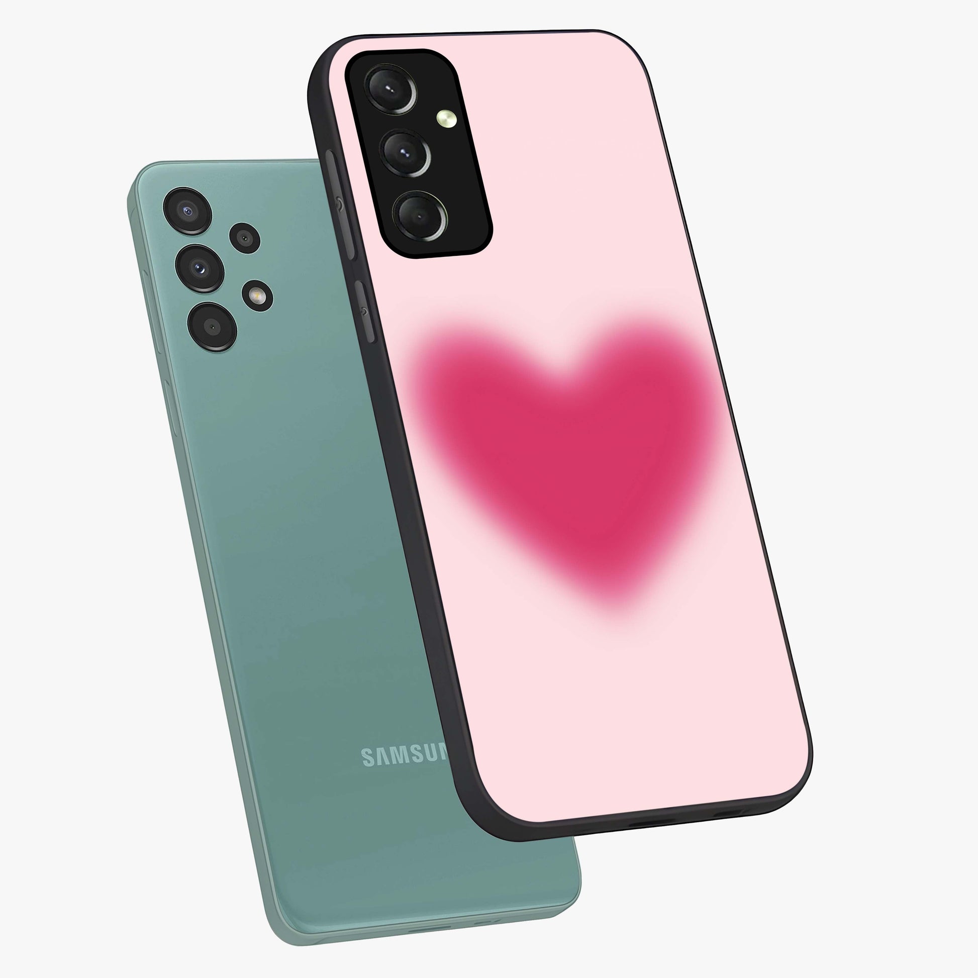 Pink Aura Heart Glass Case displayed in angled mockup highlighting vibrant pink heart design with dreamy aura aesthetic.