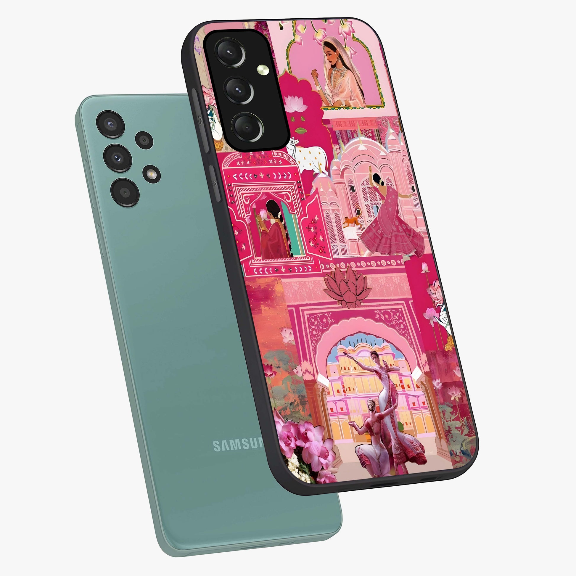Pink Palace Muse Glass Case displayed in angled mockup highlighting dreamy palace illustration with soft pink aesthetic.