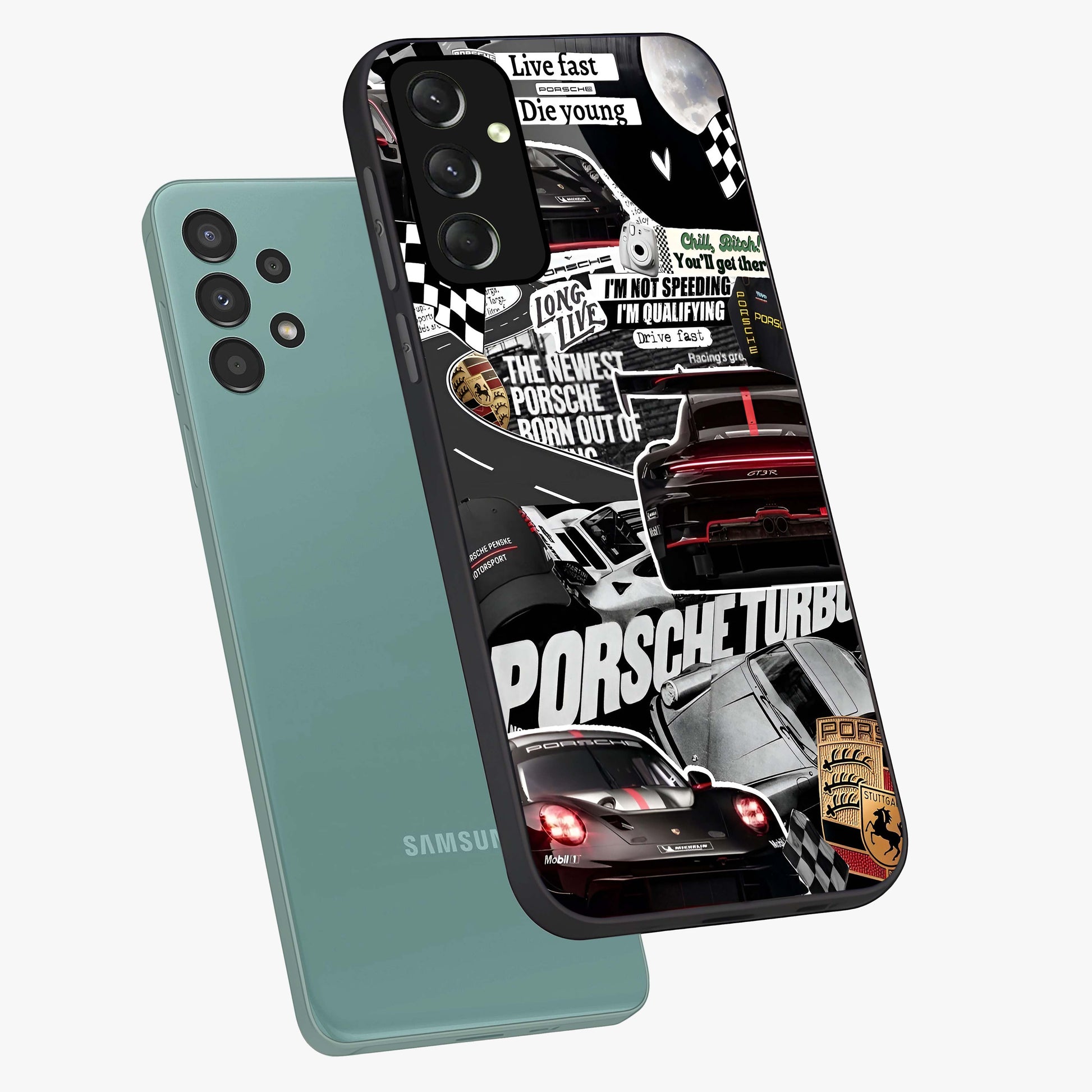 Porsche Racing Collage Glass Case displayed in angled mockup highlighting dynamic automotive design with bold racing aesthetic.