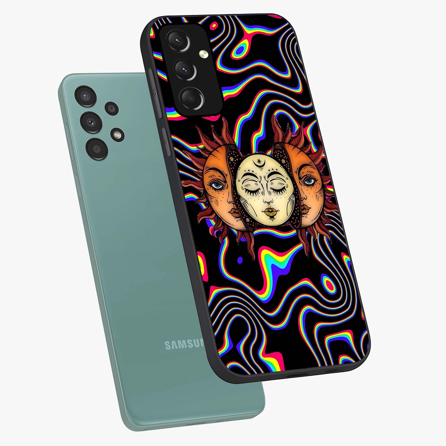 Psychedelic Sun Glass Case displayed in angled mockup highlighting vibrant abstract sun design with artistic aesthetic style.