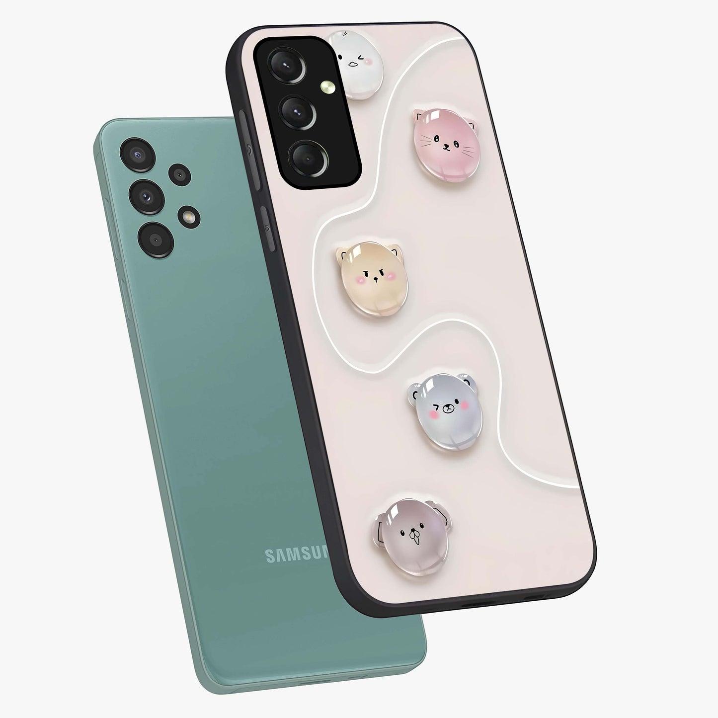 Puffy Face Parade Glass Case displayed in angled mockup highlighting playful cartoon face design with fun aesthetic.