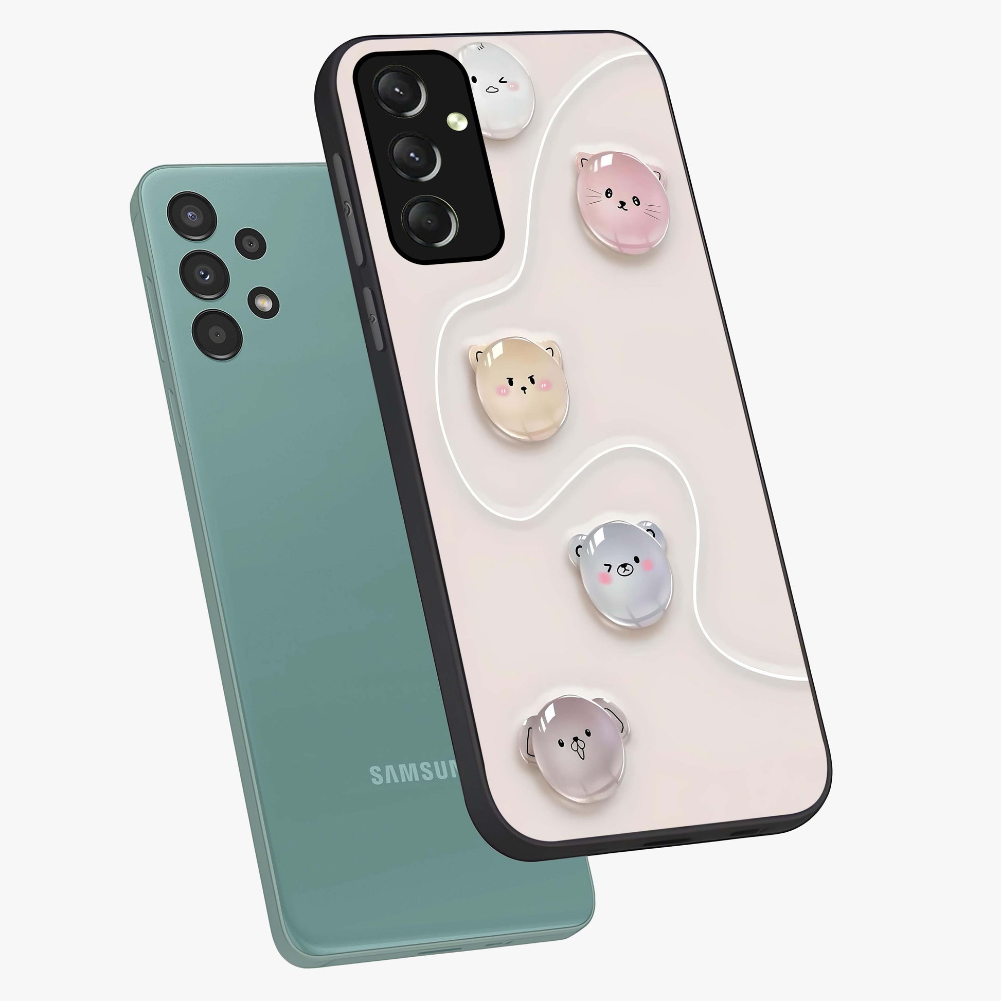 Puffy Face Parade Glass Case displayed in angled mockup highlighting playful cartoon face design with fun aesthetic.