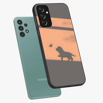 Puppy Shadow Art Glass Case displayed in angled mockup highlighting playful dog illustration with artistic shadow aesthetic.