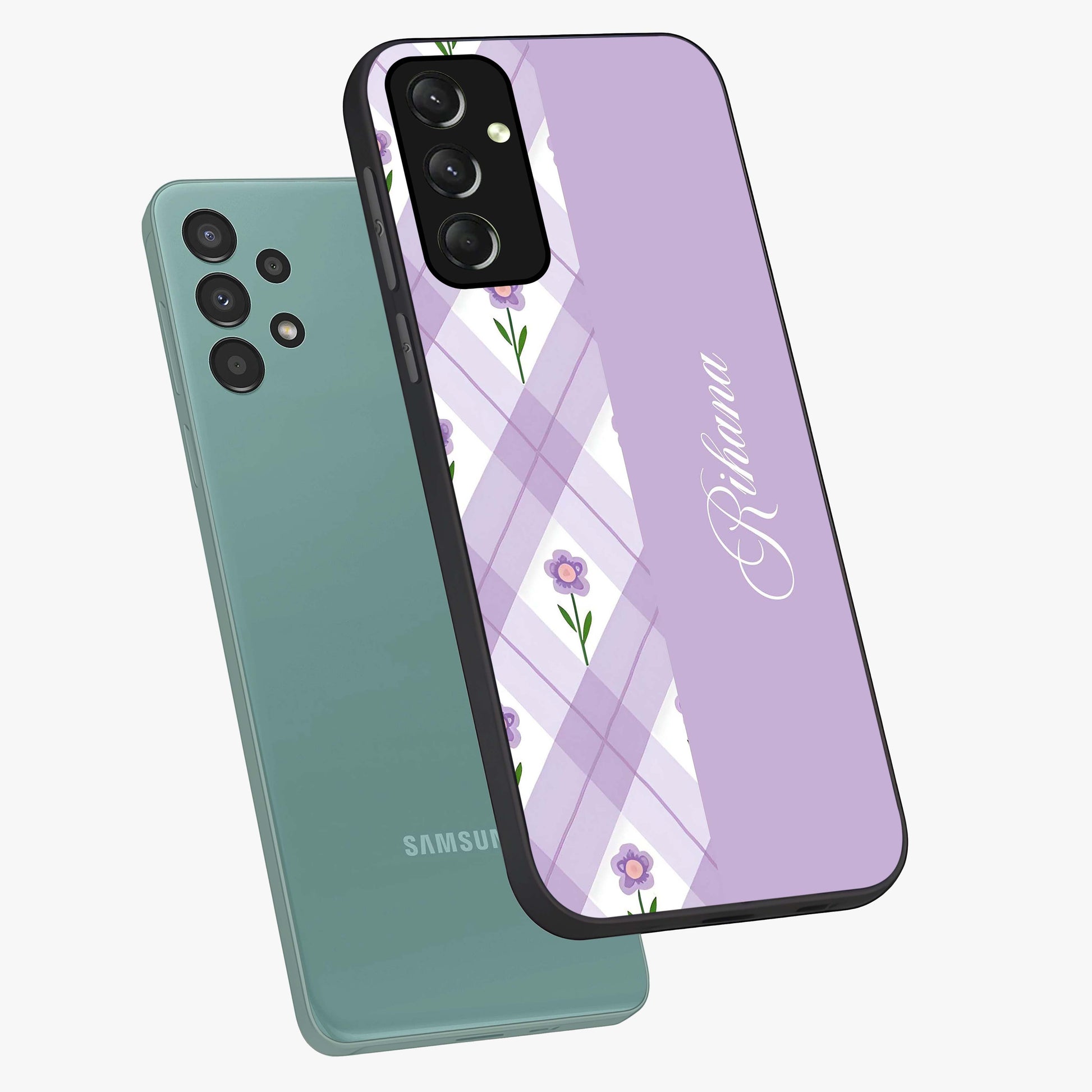 Purple Diamond Floral Glass Case displayed in angled mockup highlighting elegant purple flower design with decorative pattern.